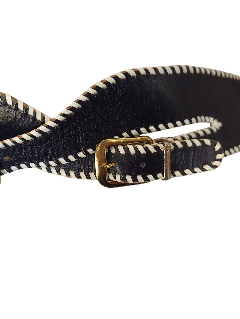 Vintage Navy Blue Leather White Whipstitch Double Buckle Belt Coastal S/M - Picture 8 of 13